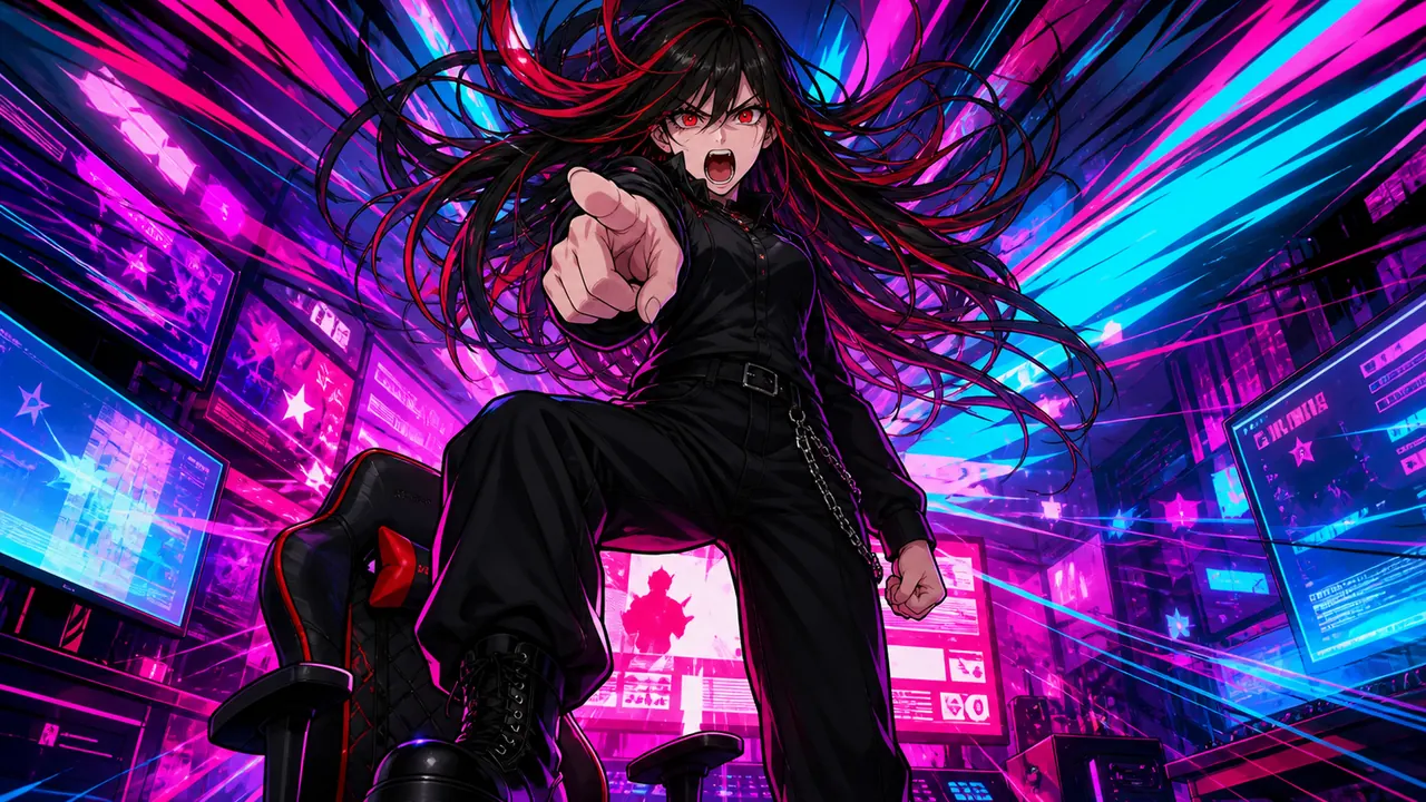 It's Not A Skill Issue neon gaming room with Noriko pointing at the camera music video thumbnail