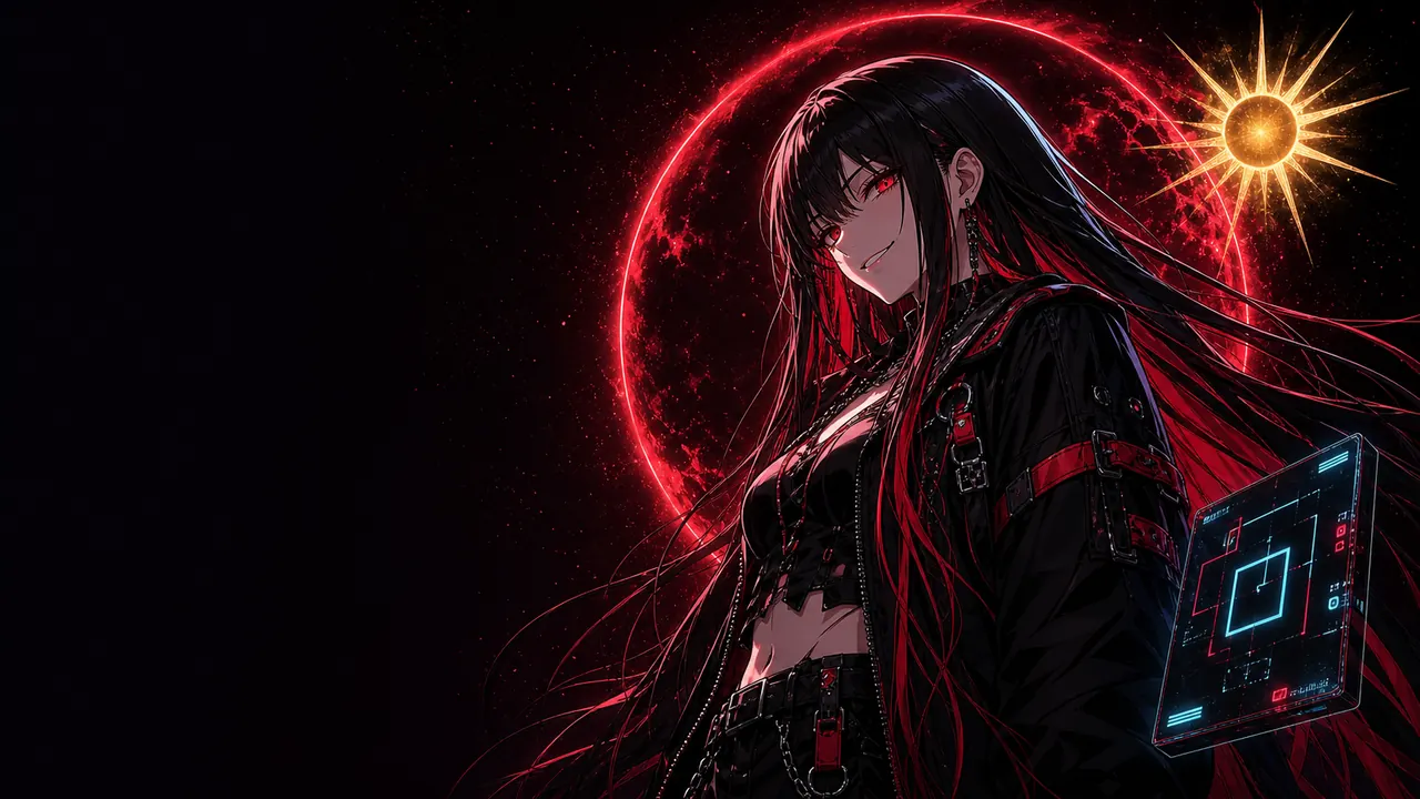Noriko with red eyes under a crimson moon in the Noriko Fun Song thumbnail