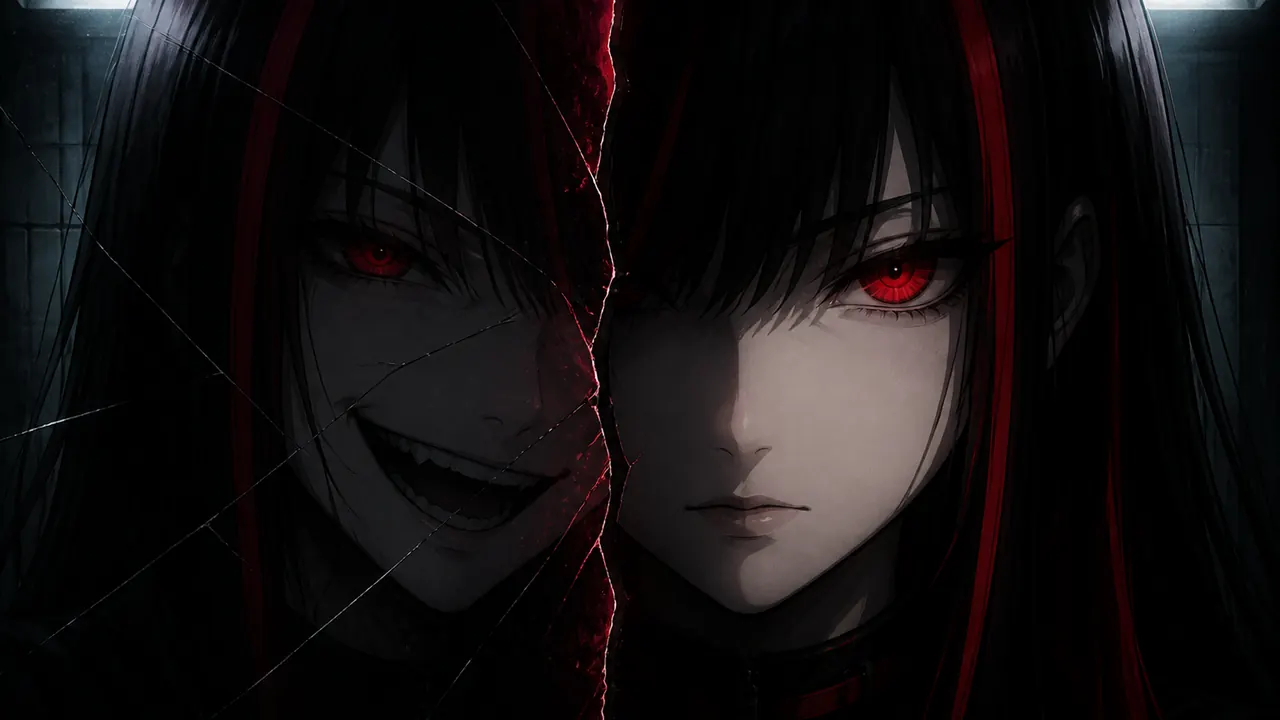 Open Wound Theology thumbnail with Noriko and her grinning reflection split by a cracked mirror