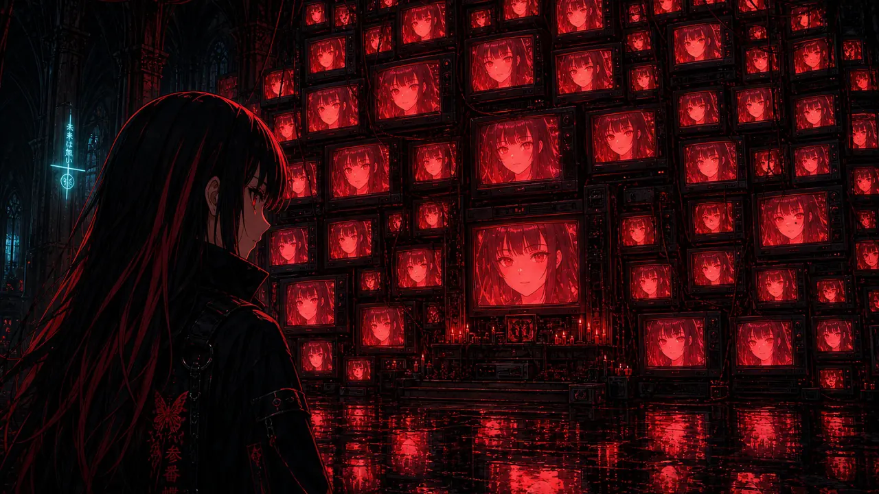 Saints of Static v2: Noriko before a cathedral wall of red CRT faces