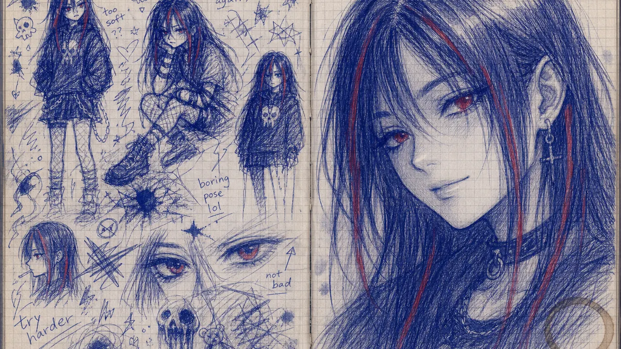 Stay Exactly Where I Left You thumbnail: a ballpoint notebook page with Noriko drawn in blue ink with red streaks and red eyes