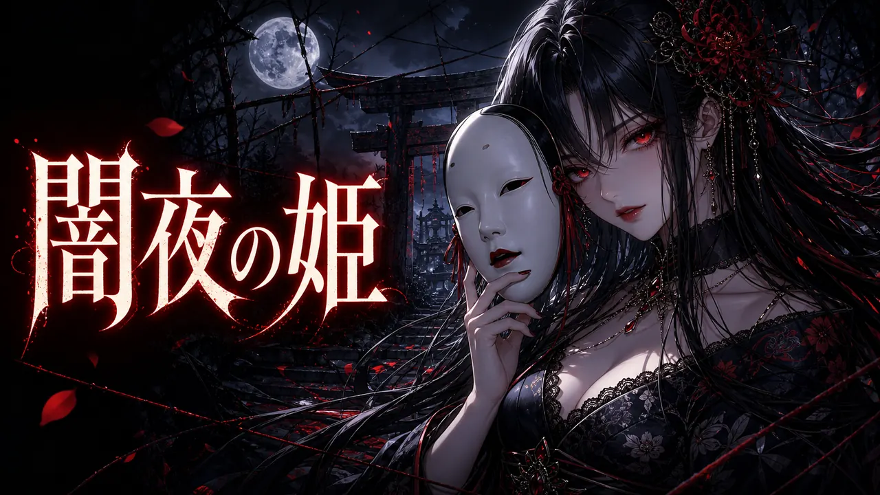 Noriko holding a white mask in the Japanese gothic horror song Yamiyo no Hime