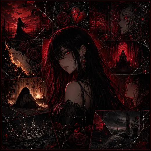 Collage of Noriko music video artwork: masks, neon, ruins and red light