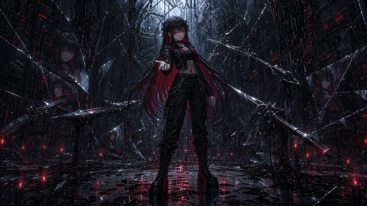 Crimson Protocol video still: static code mirrors